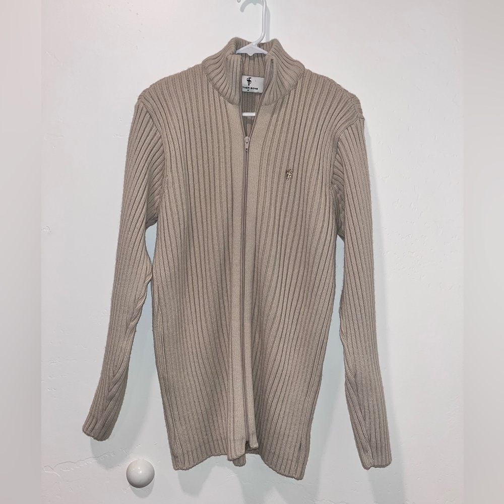 Father Sons Men's Cream Ribbed Zip-Up Sweater (Medium)